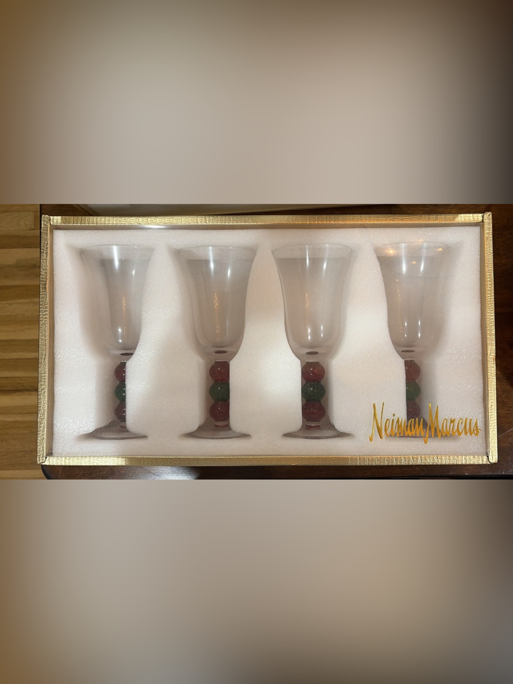 Neiman Marcus Clear Wine Glasses with Red & Green Bead Stems (Set of 8) - Picture 3 of 4
